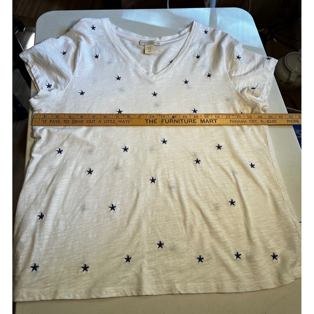 Cynthia Rowley White Navy Embroidered Star V-Neck Cotton Slub T-Shirt XL - Picture 5 of 7